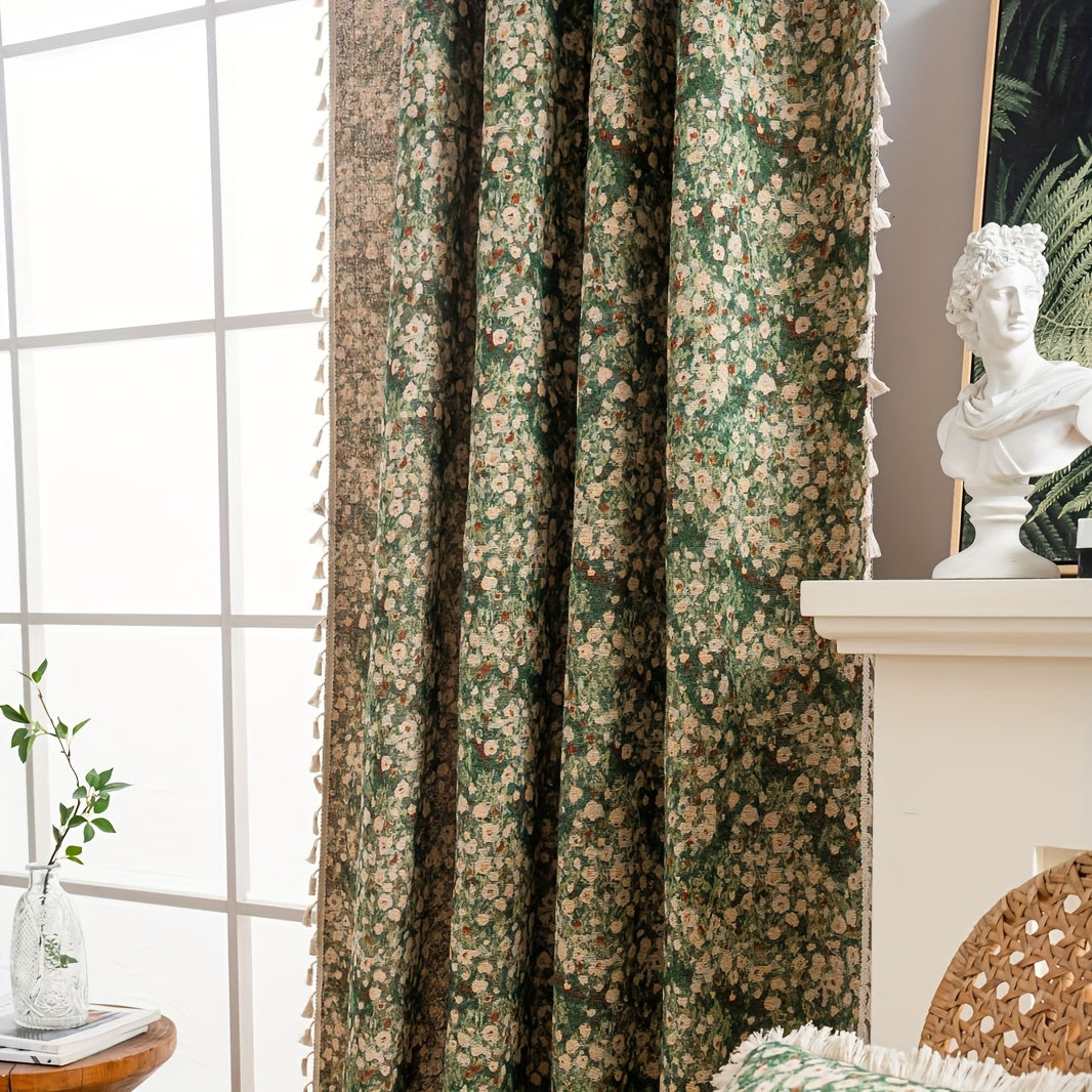 Rideau jacquard fleuri vintage vert tamisant style campagne, largeur 100 à 139 cm Image