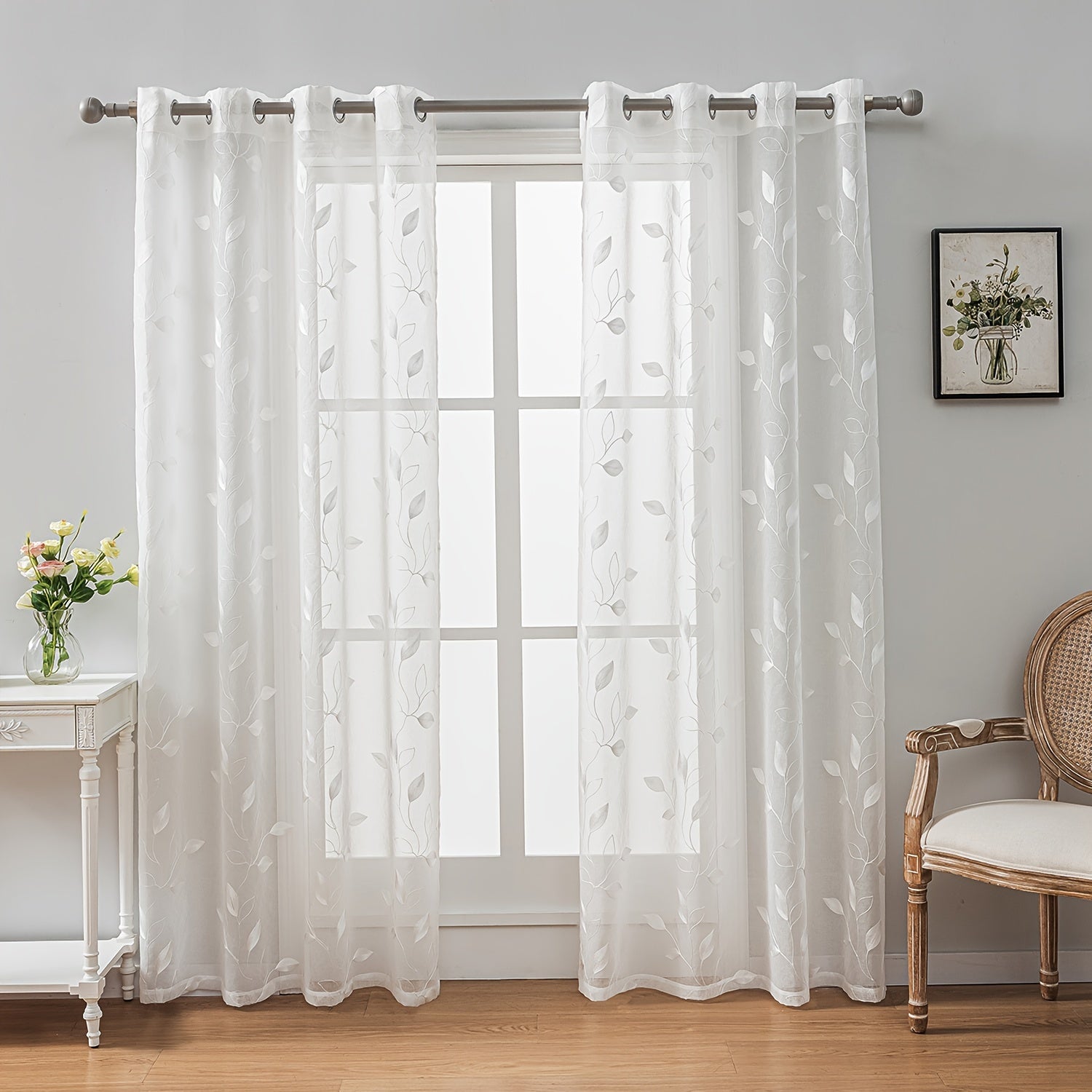Rideaux voilage brodés motif feuilles avec œillets pour salon et chambre (2 panneaux)