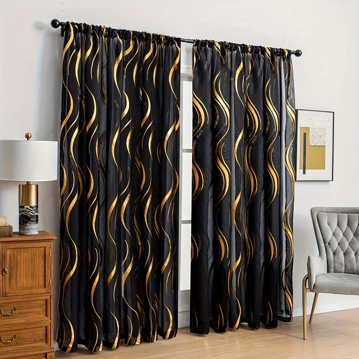 Rideau voile à motif vague doré semi-opaque, largeur 100 à 139 cm