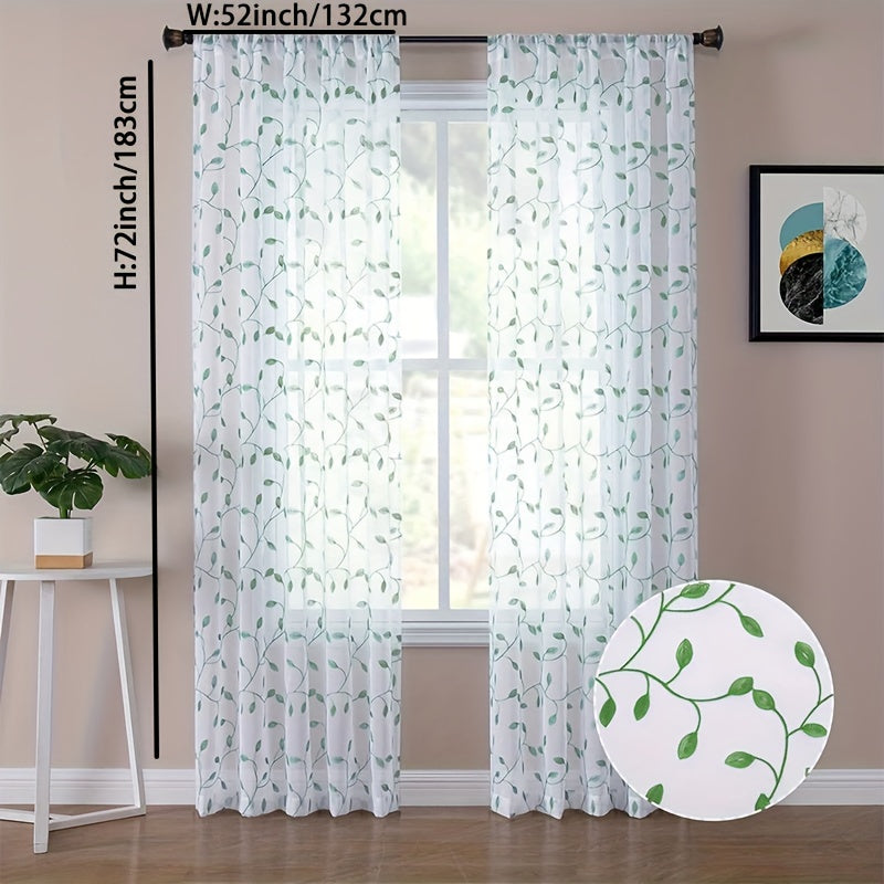 Rideau voilage brodé feuilles en polyester tamisant pour cuisine (1/2 panneaux)