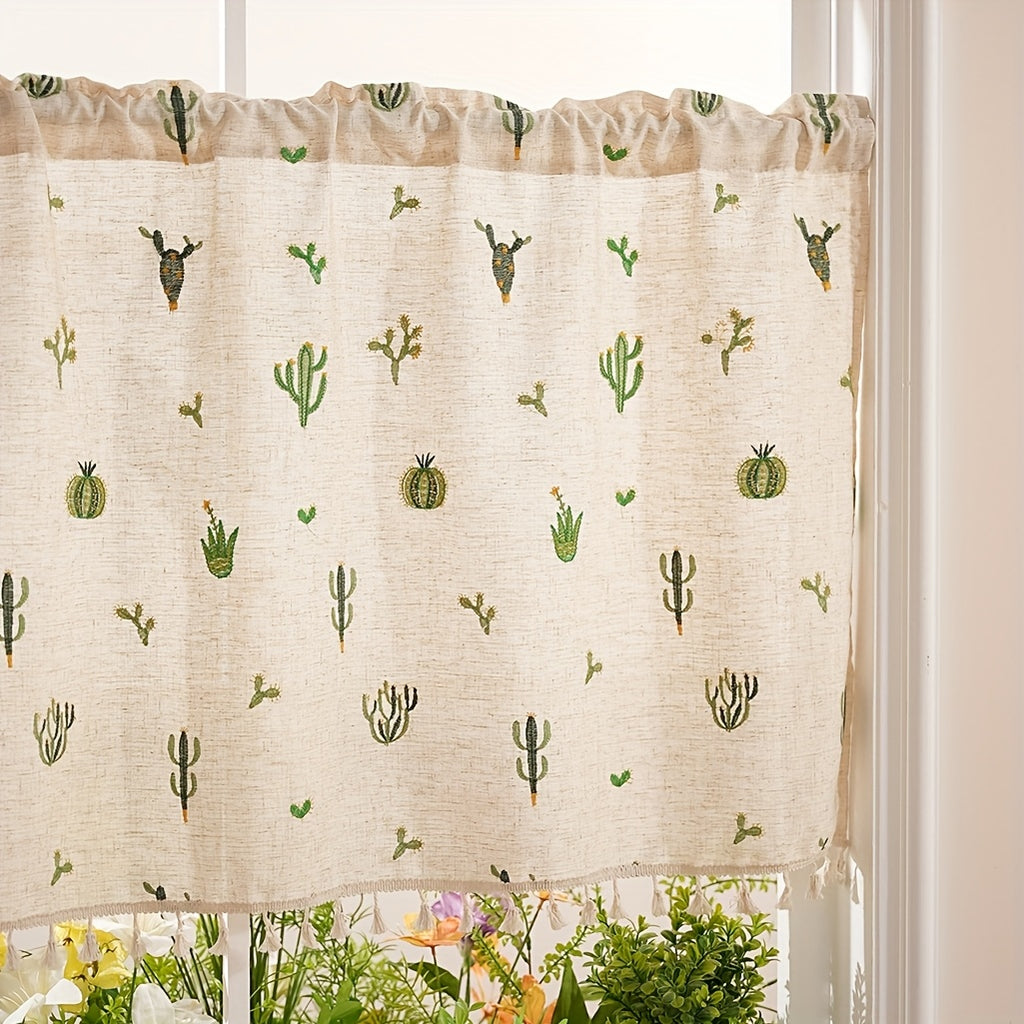 Rideau café brodé cactus en polyester style campagne pour petite fenêt, hauteur moins de 160 cm