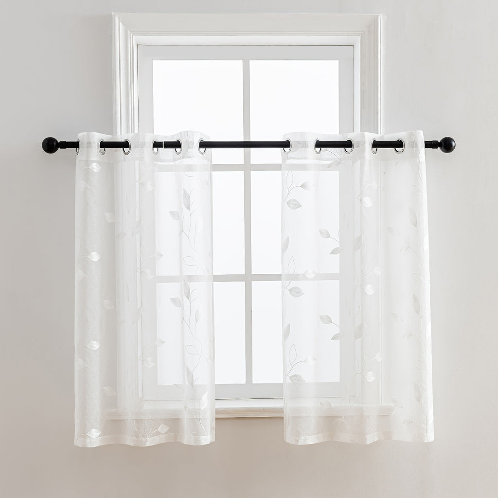 Rideaux voilage brodés motif feuilles avec œillets, blanc