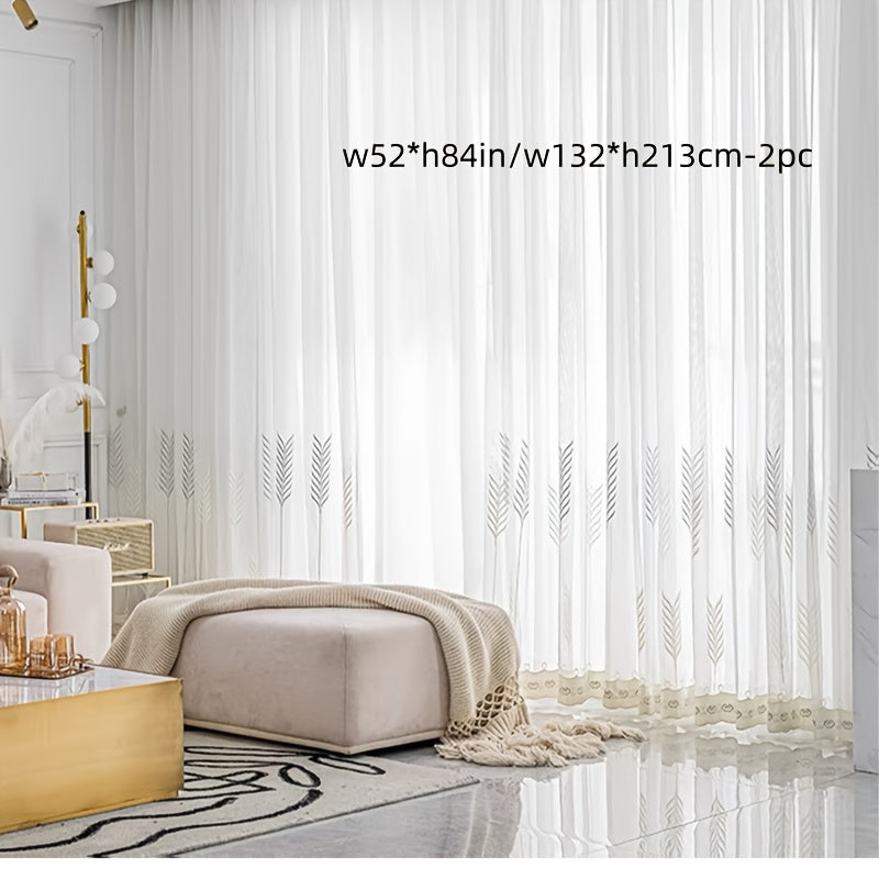 Rideaux voilage blanc motif épis gris et beige style scandinave (2 pan, largeur 100 à 139 cm