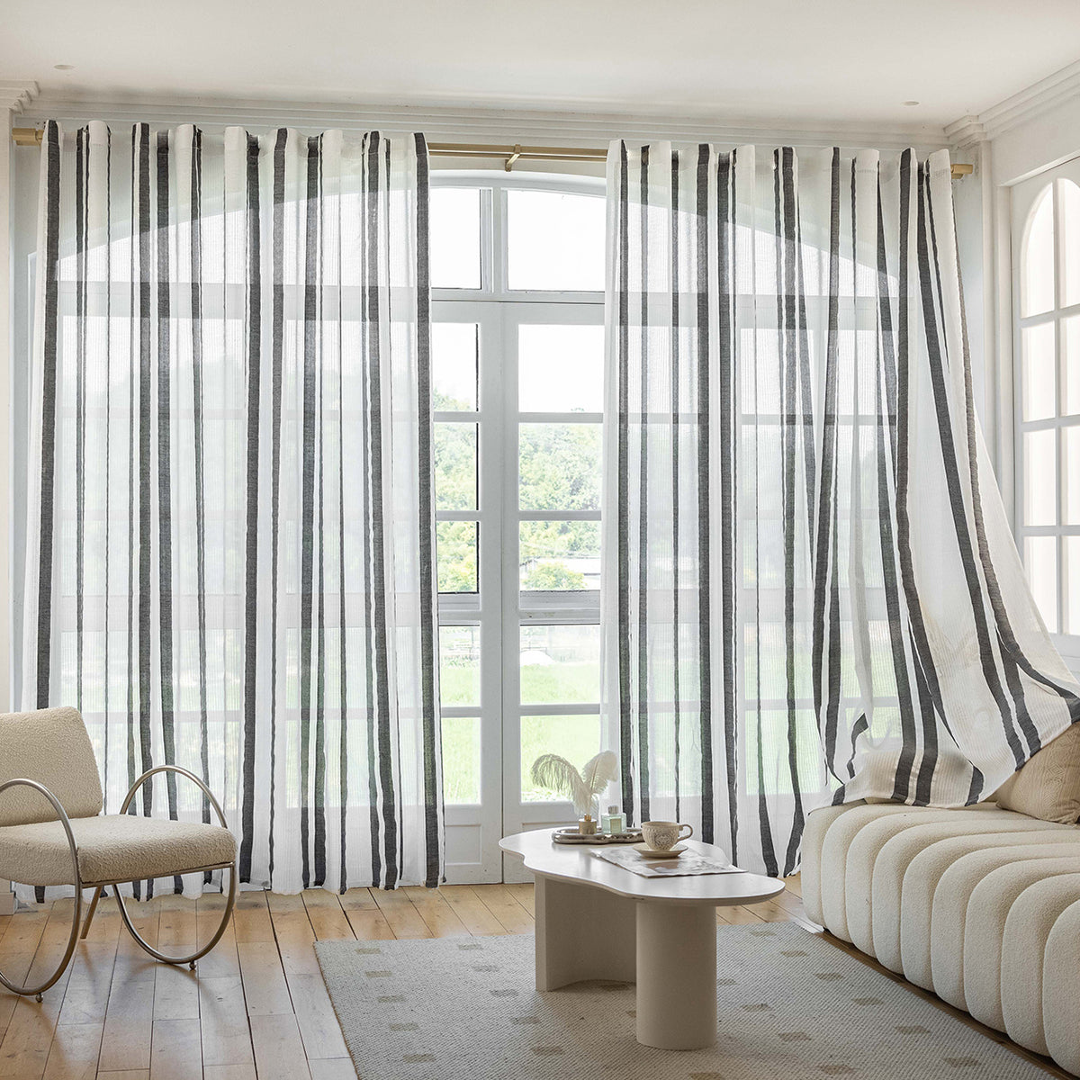 Rideau voilage rayé noir et blanc tamisant en polyester, largeur 100 à 139 cm