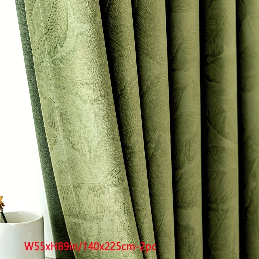 Rideaux occultants velours vert motif feuille pour salon (2 panneaux)