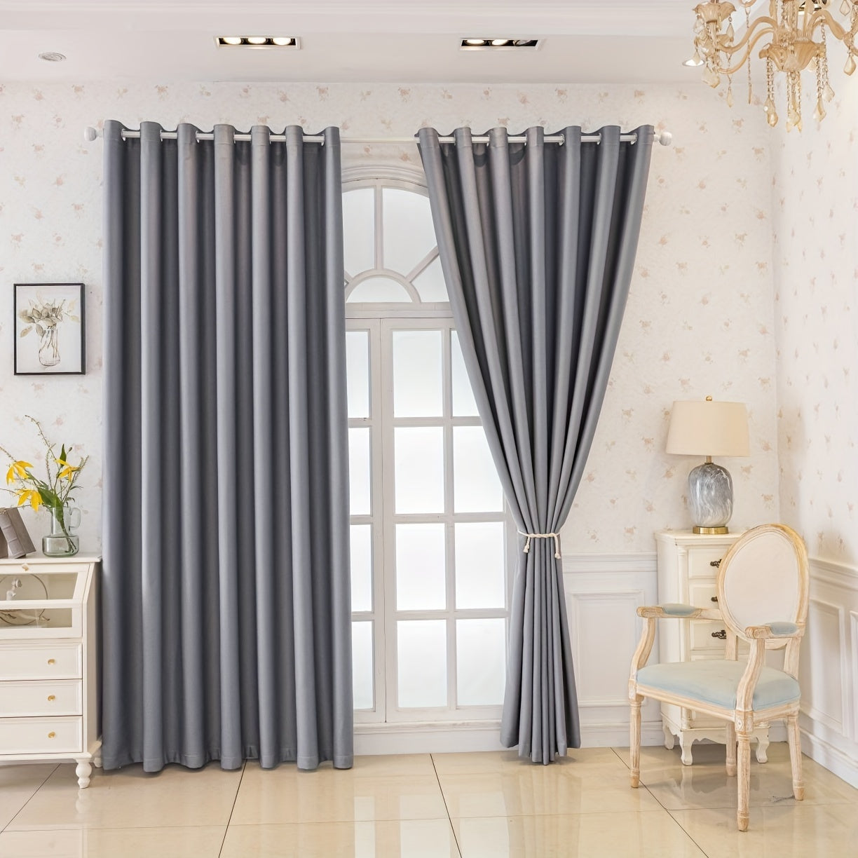 Rideaux occultants gris épais en polyester pour salon et chambre (2 panneaux)