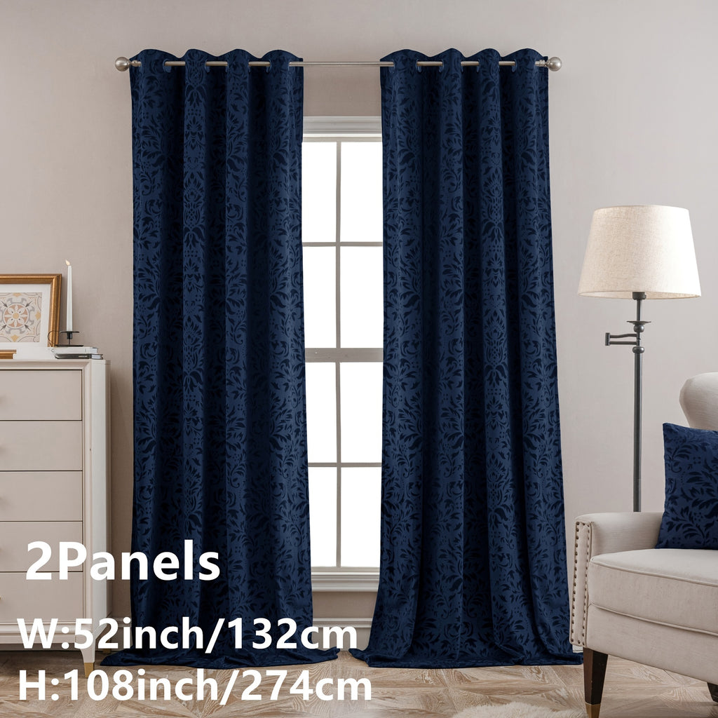 Rideaux velours à motifs floraux européens vert émeraude (2 panneaux), bleu foncé