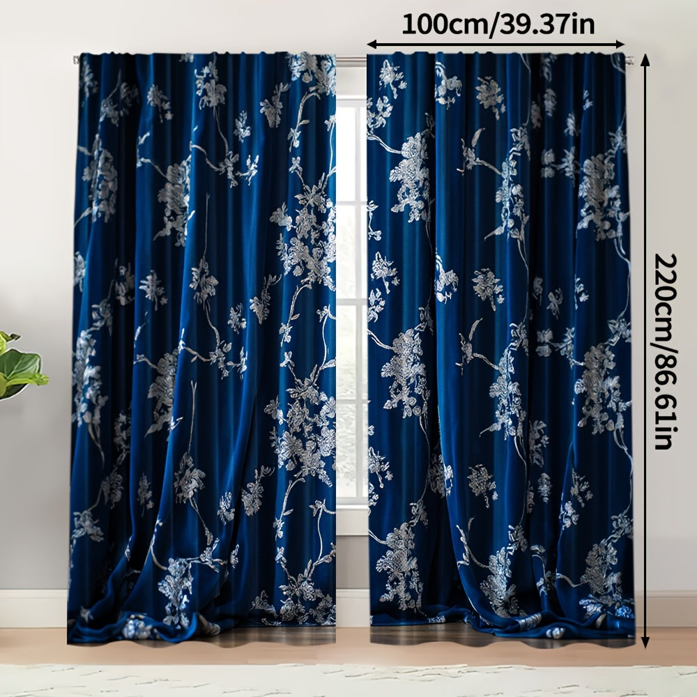 Rideaux tamisants bleu nuit à motifs floraux en polyester (2 panneaux)