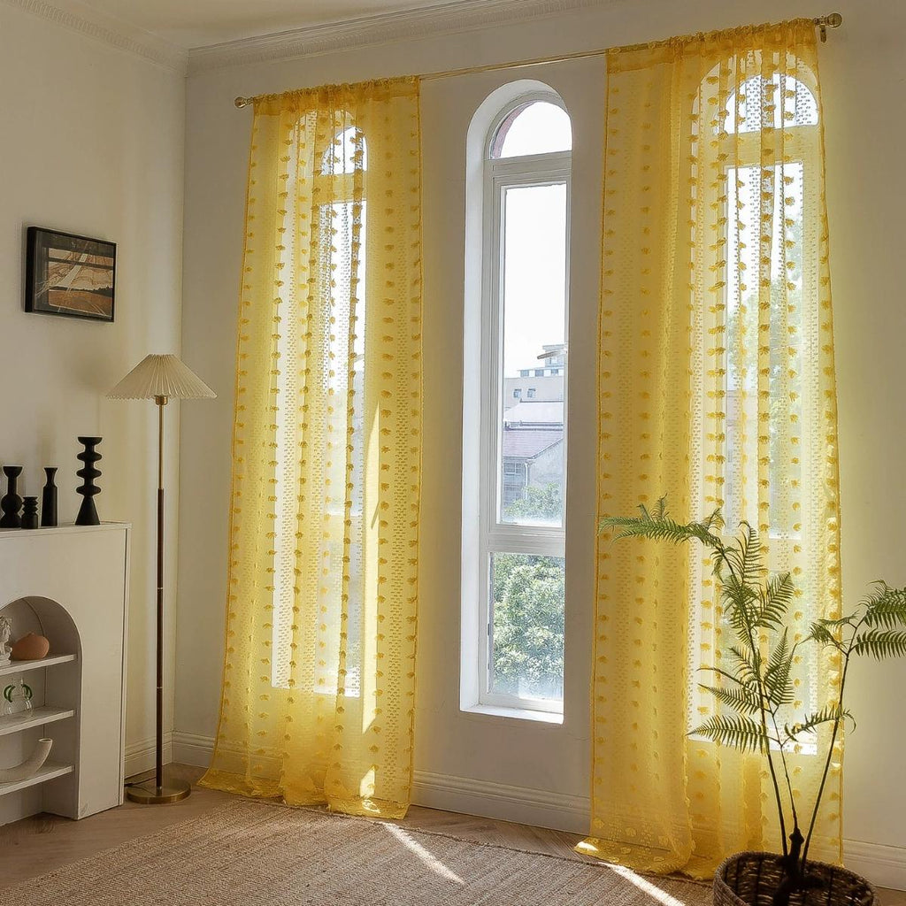 Rideau tamisant jaune à pompons en polyester, hauteur 240 à 269 cm