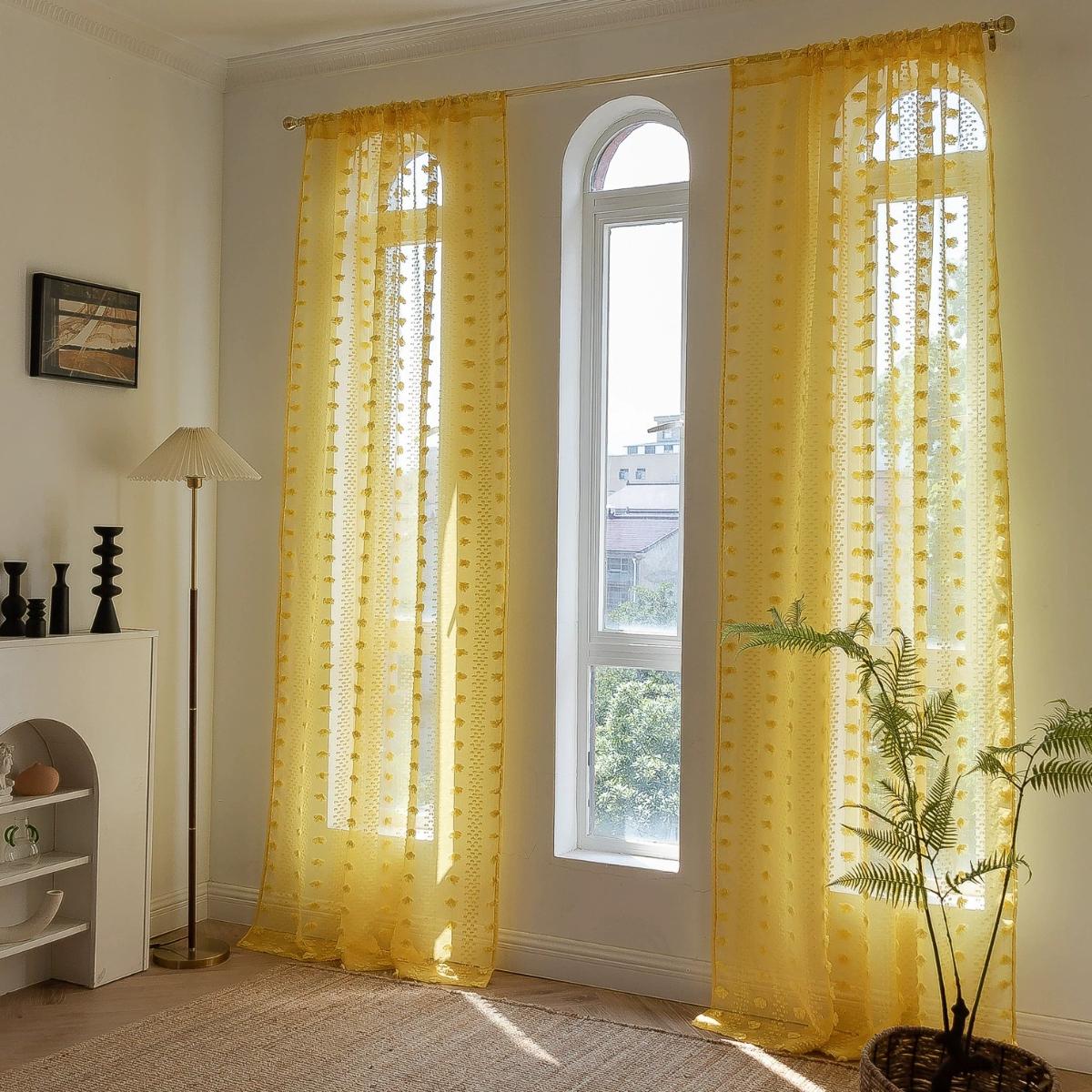 Rideau tamisant jaune à pompons en polyester pour salon et chambre