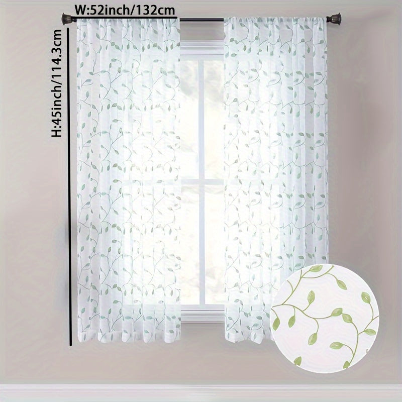 Rideau voilage brodé feuilles en polyester tamisant pour cuisine (1/2 panneaux)