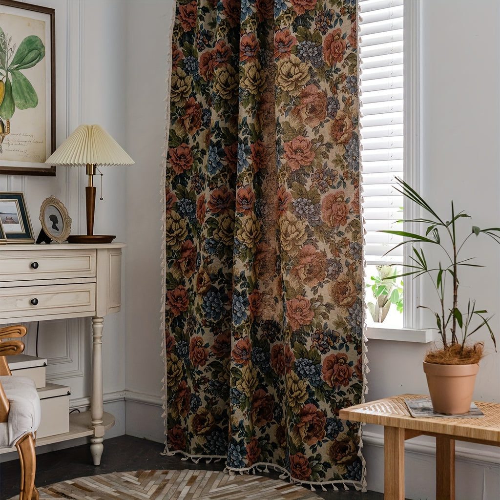 Rideau jacquard fleuri style campagne tamisant, hauteur 160 à 199 cm