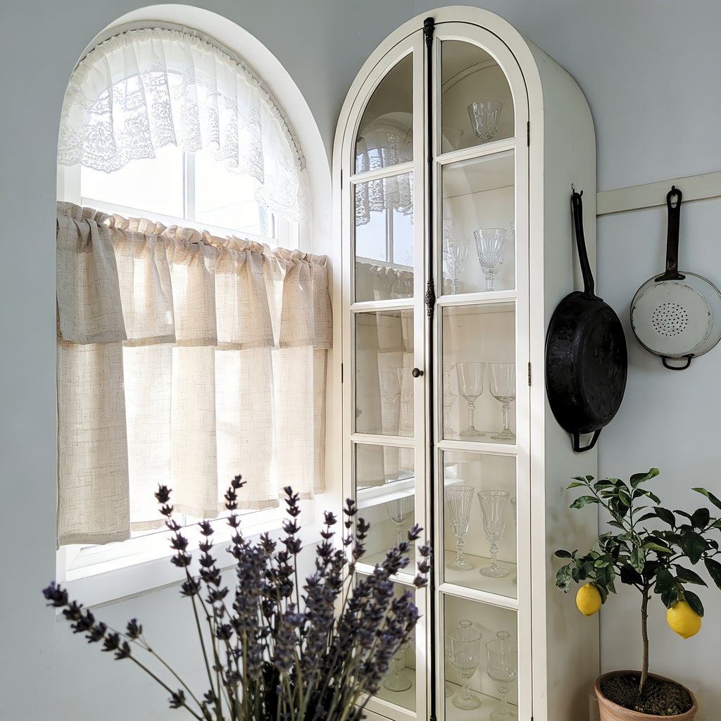 Rideau brise-bise beige bohème tamisant en polyester, largeur 140 à 199 cm
