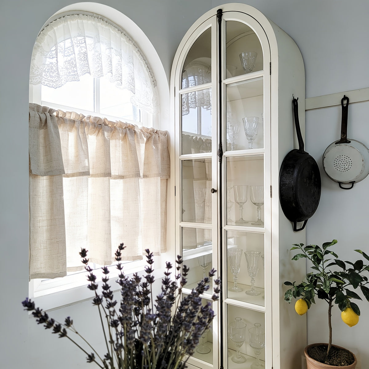 Rideau brise-bise beige bohème tamisant en polyester, largeur 140 à 199 cm