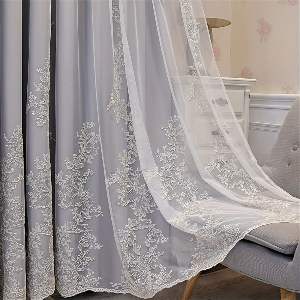 Rideau occultant double épaisseur brodé avec voile dentelle (1 panneau)