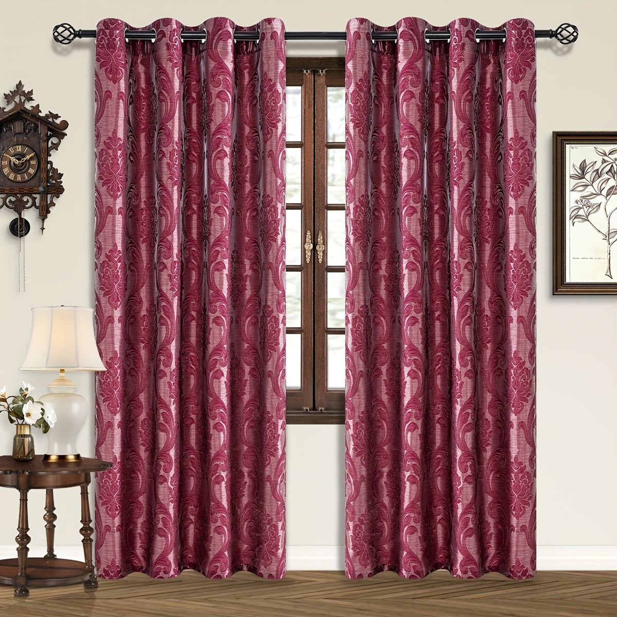 Rideaux occultants jacquard fleuris rétro à œillets (2 panneaux), hauteur 240 à 269 cm