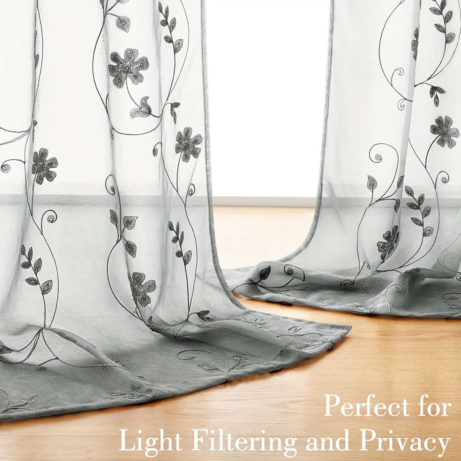 Rideaux voilage brodés fleurs semi-transparents pour salon et chambre (2 panneaux)