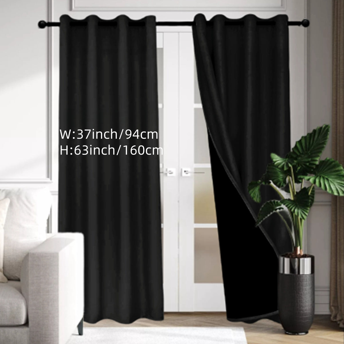 Rideau occultant thermique 100 % blackout à œillets en polyester, noir