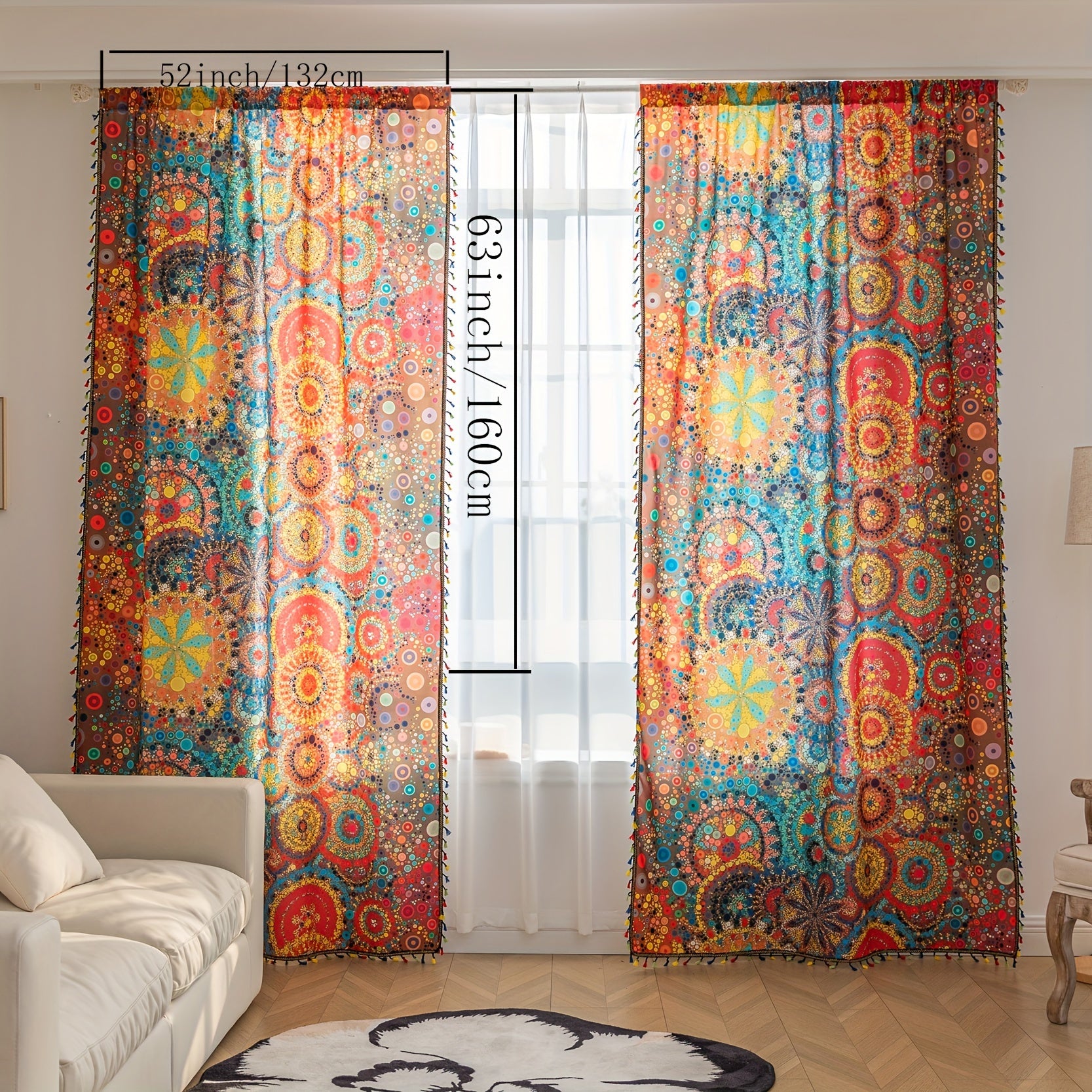 Rideaux bohèmes colorés à motifs mandala et pompons (2 panneaux)