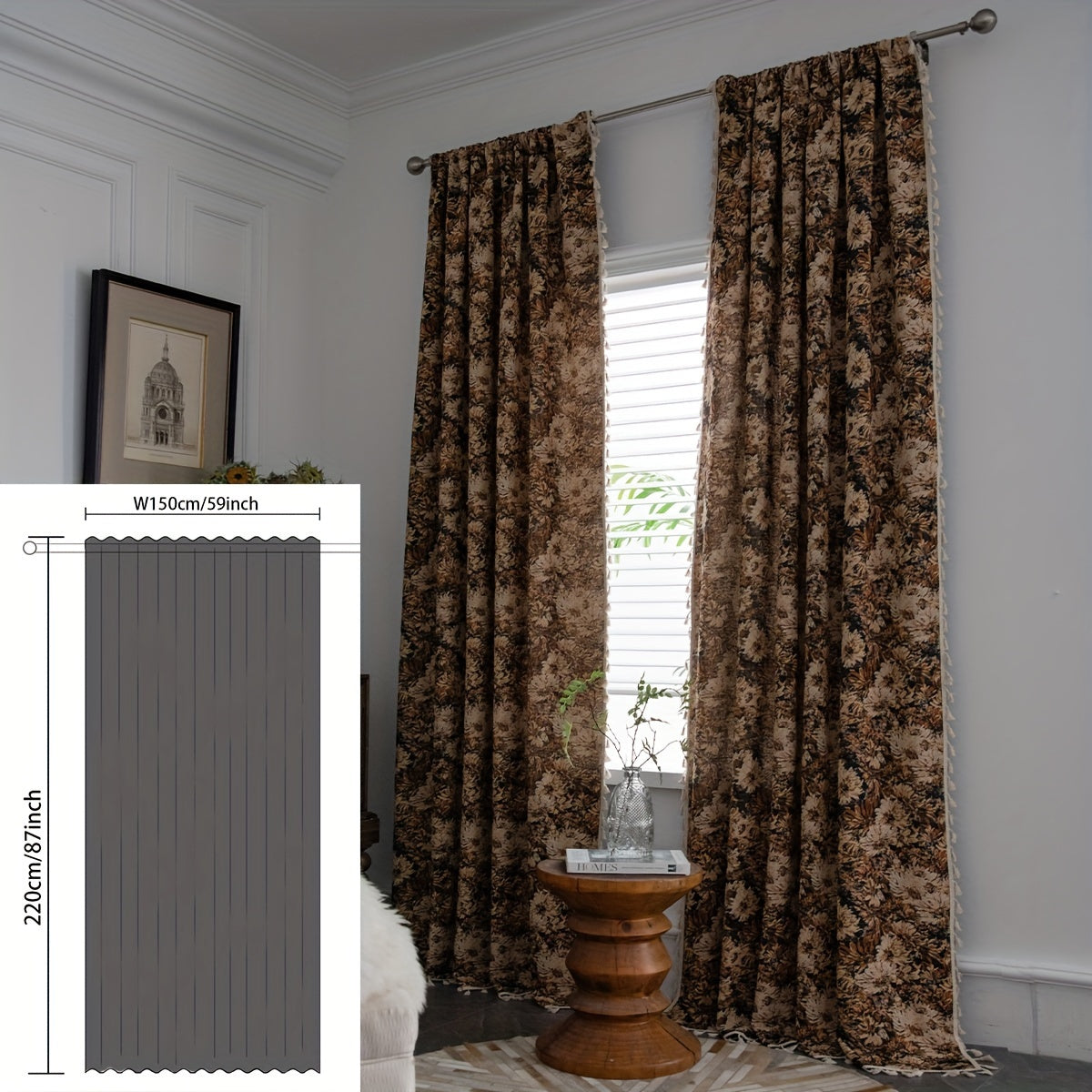 Rideau tamisant floral vintage marron en polyester pour cuisine
