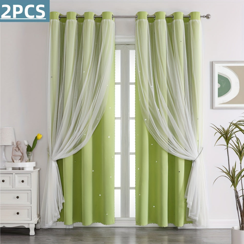 Rideaux occultants double couche avec voile étoilé en polyester pour chambre et salon