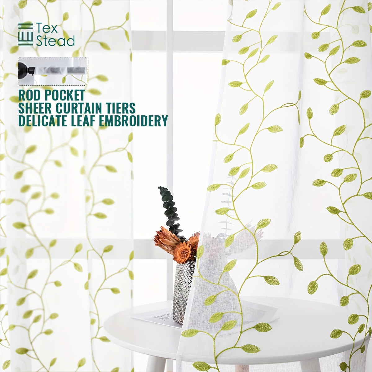 Rideau voilage brodé feuilles en polyester tamisant pour cuisine (1/2 panneaux)
