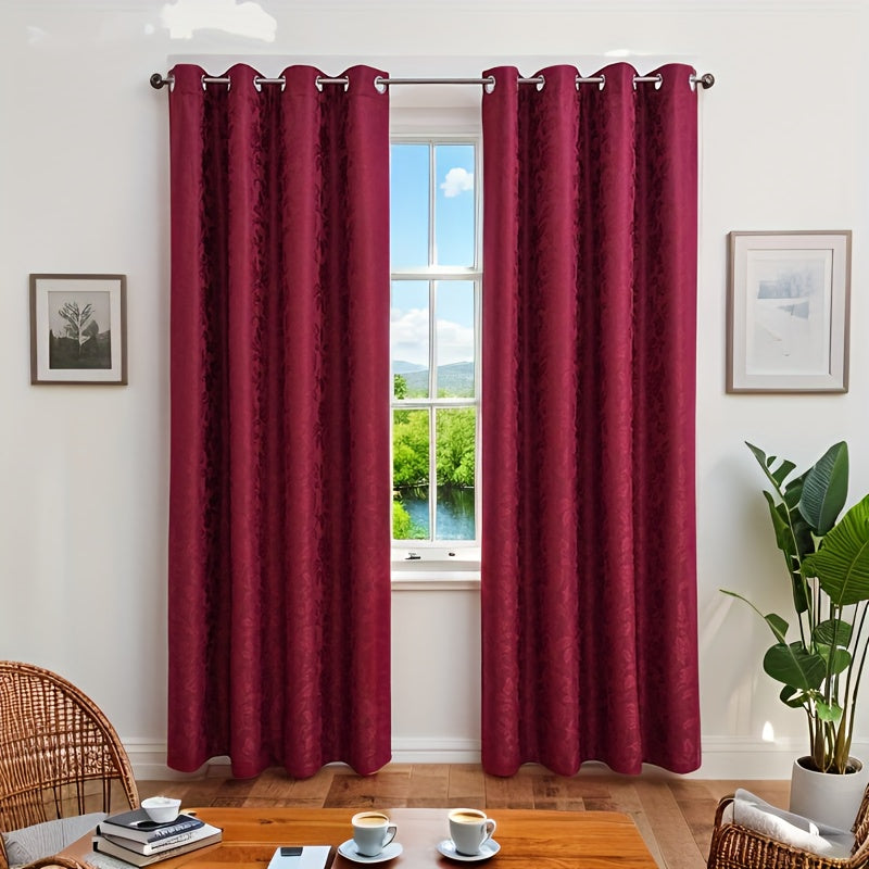 Rideau occultant jacquard floral épais avec œillets métalliques, bordeaux