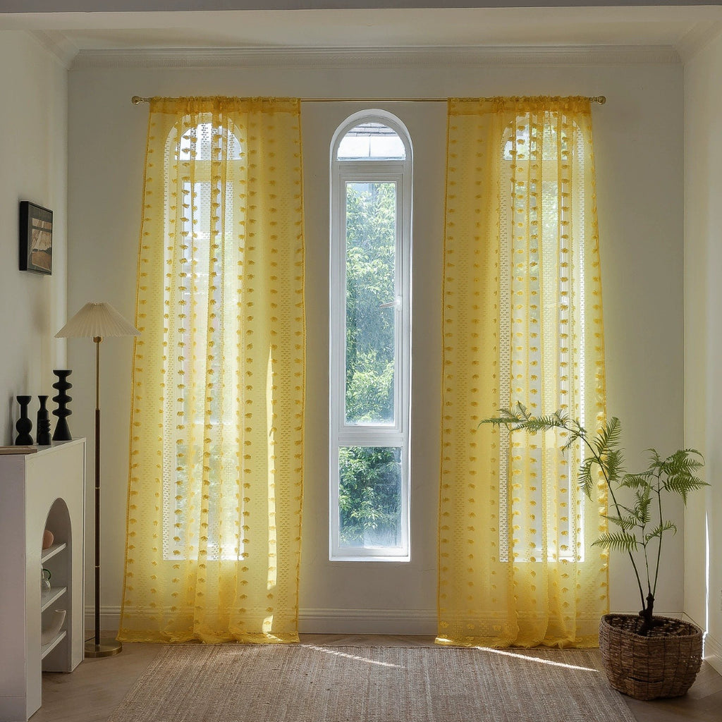 Rideau tamisant jaune à pompons en polyester, largeur 100 à 139 cm