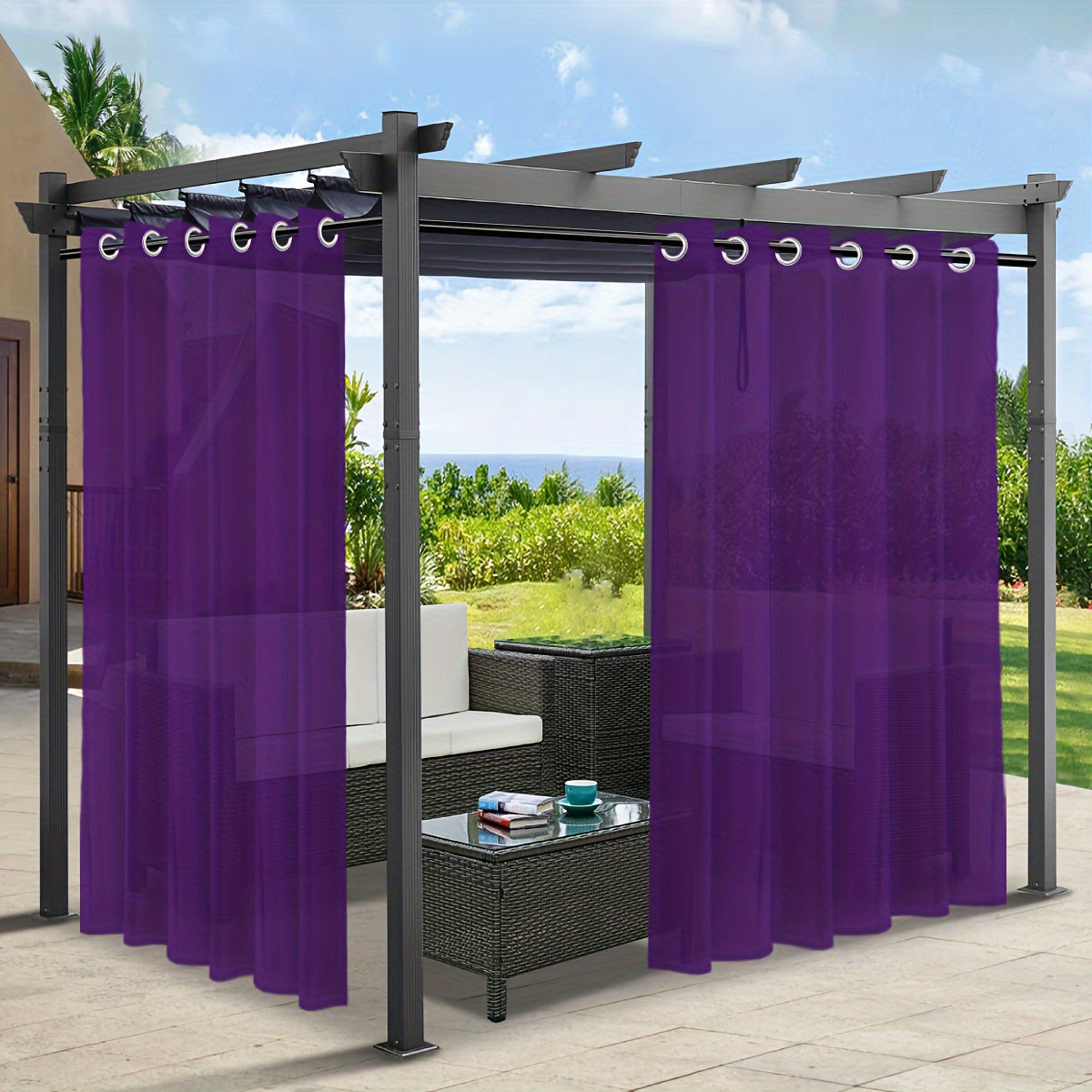 Rideaux voilage extérieur effet lin à œillets pour pergola (2 panneaux)