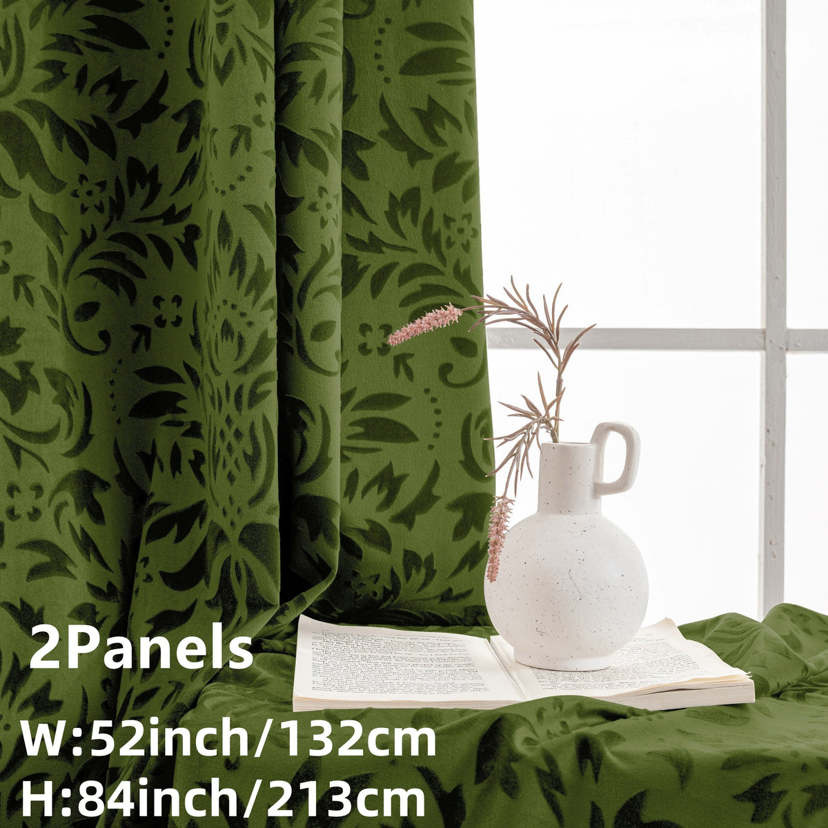 Rideaux velours à motifs floraux européens vert émeraude (2 panneaux), vert