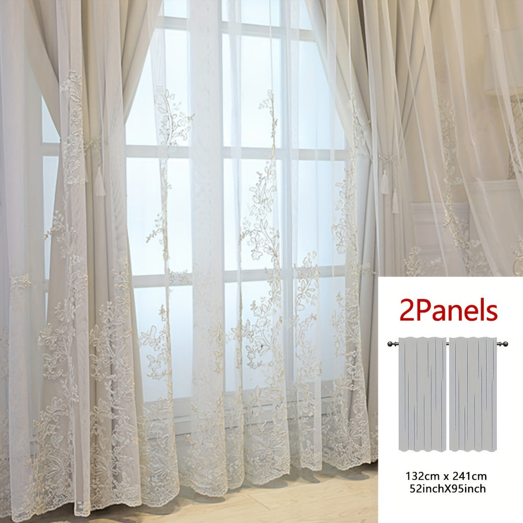 Rideaux occultants double épaisseur avec dentelle brodée romantique (2, beige