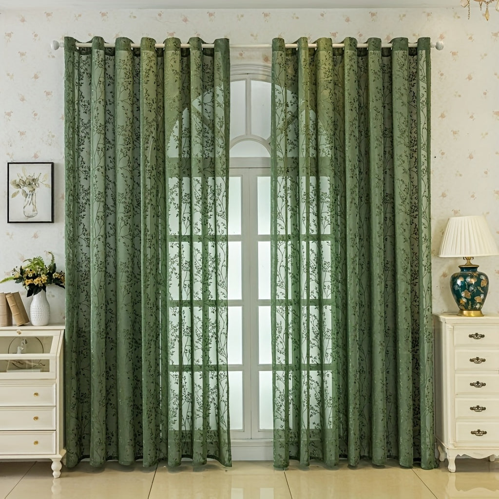 Rideau voilage vert brodé feuillage à œillets, hauteur 200 à 239 cm
