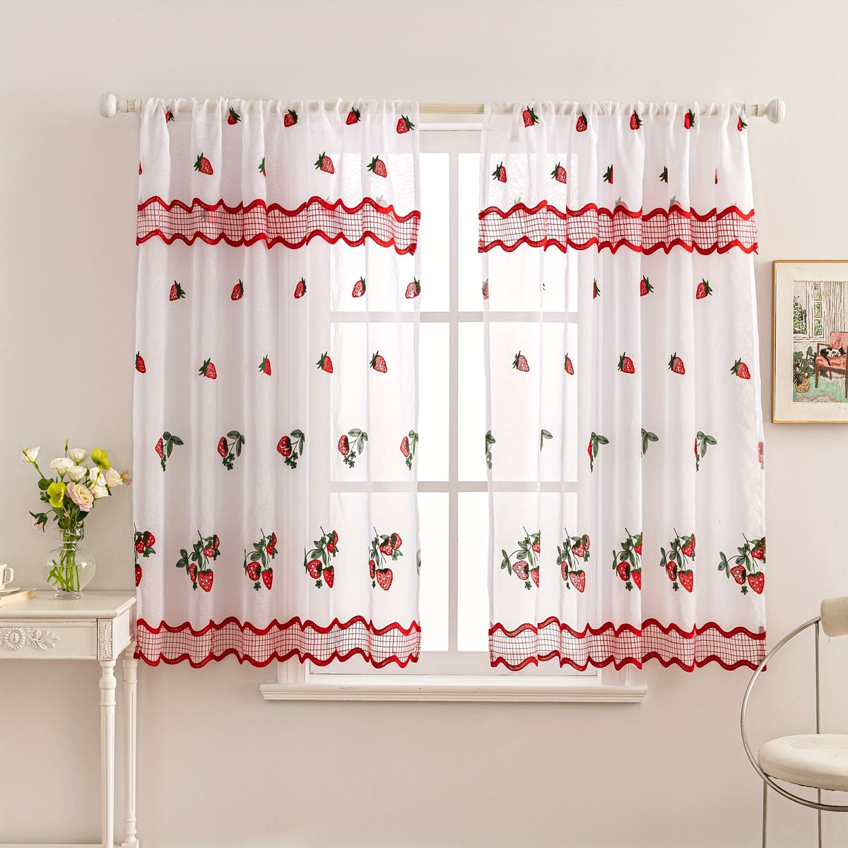 Rideaux courts brodés fraises style bohème, largeur 100 à 139 cm