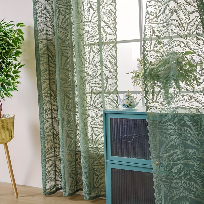 Rideau voilage vert à motifs feuilles ajouré avec œillets