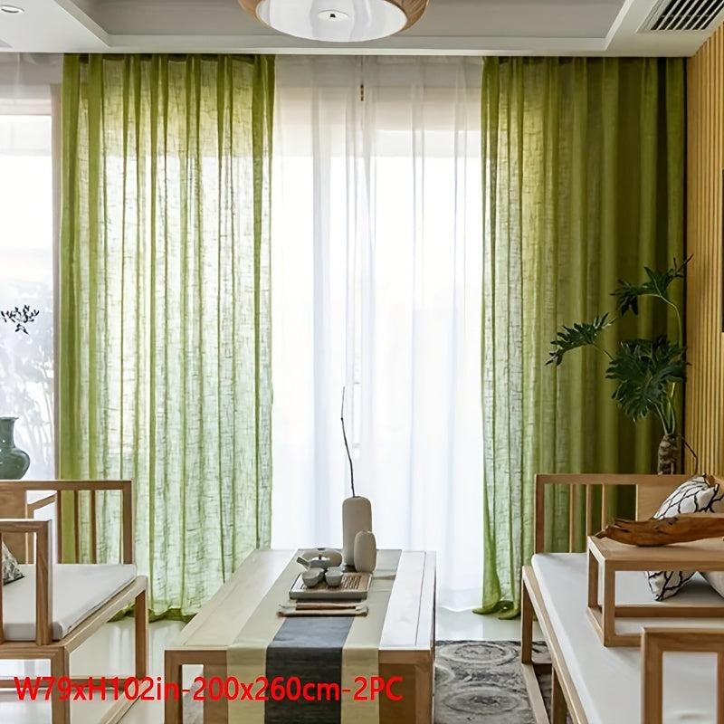 Rideau voilage vert texturé épais effet lin moderne (2 panneaux), vert