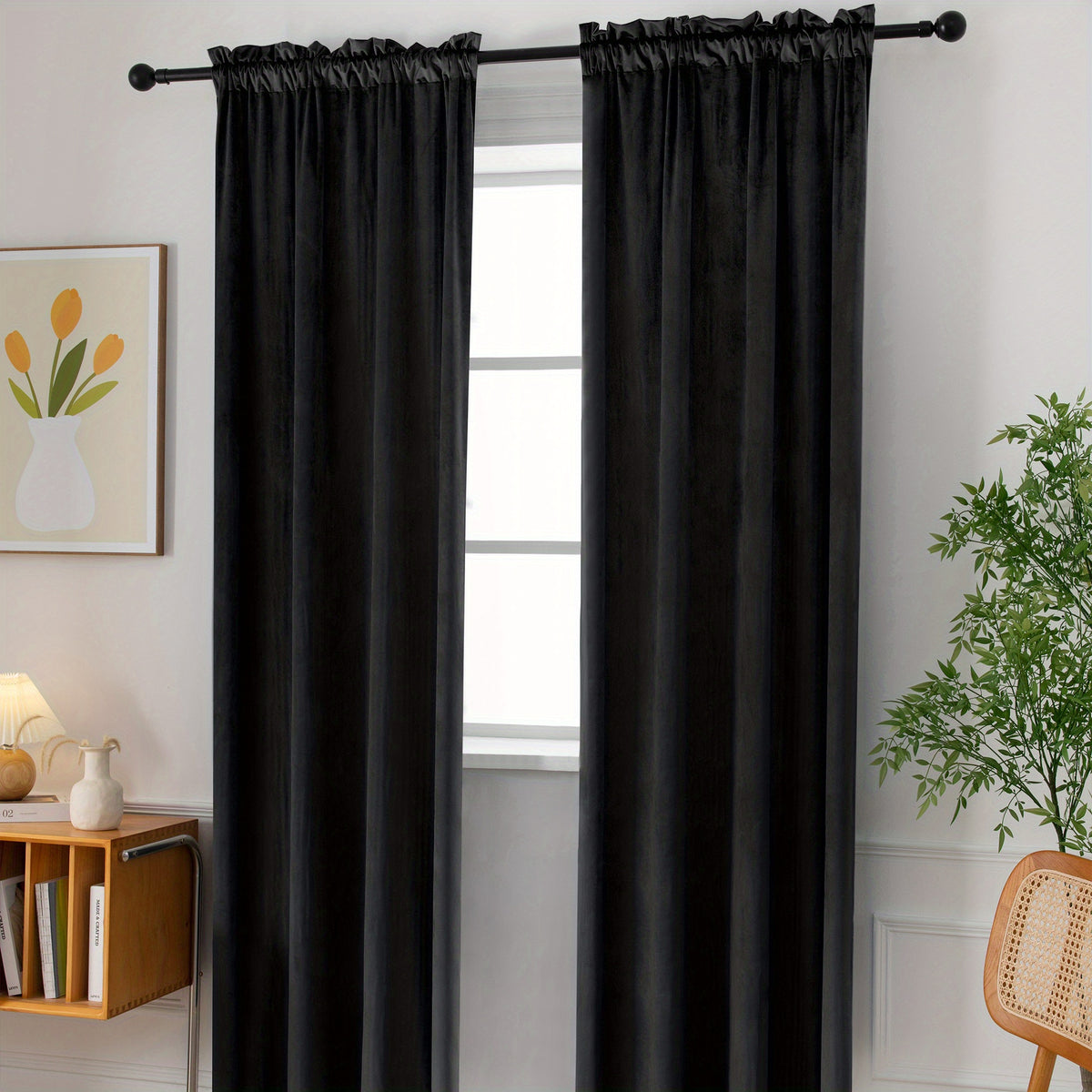 Rideau velours thermique et tamisant en polyester, noir