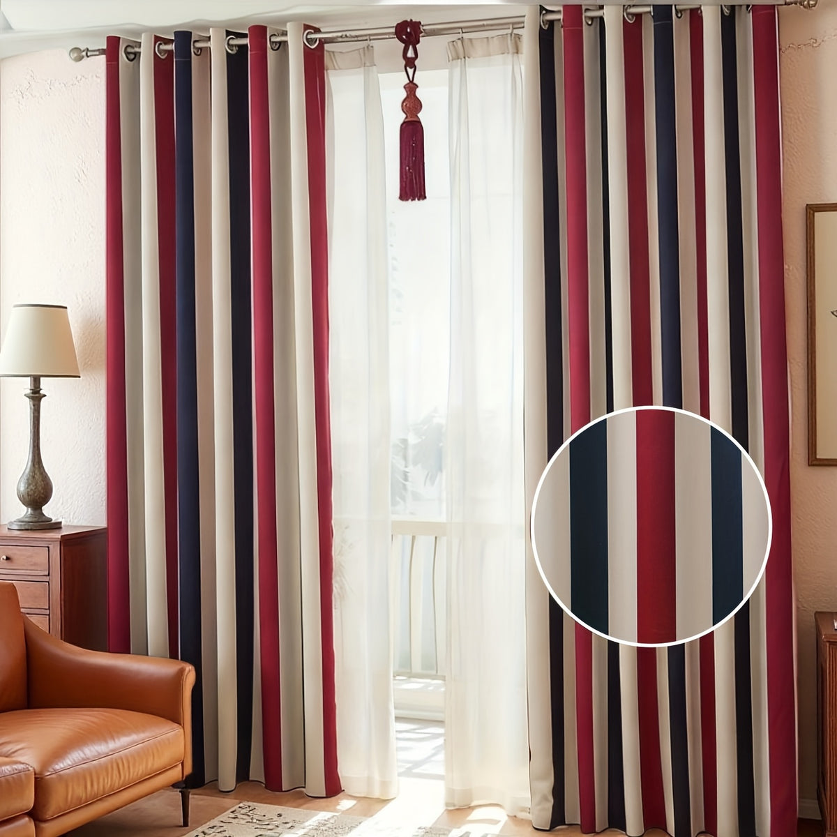 Rideau à rayures rouge bleu style méditerranéen en polyester (1 pannea, largeur 100 à 139 cm