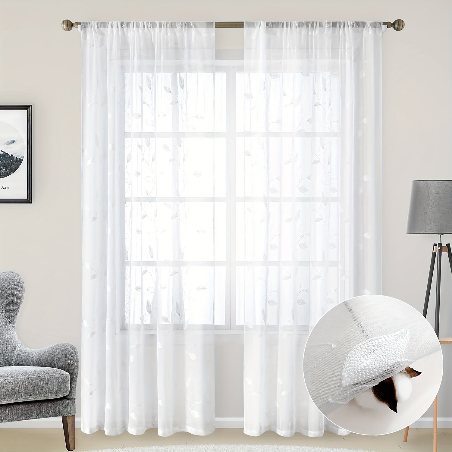 Rideaux voilage brodés motif feuilles style jardin pour salon et chambre (2 panneaux)