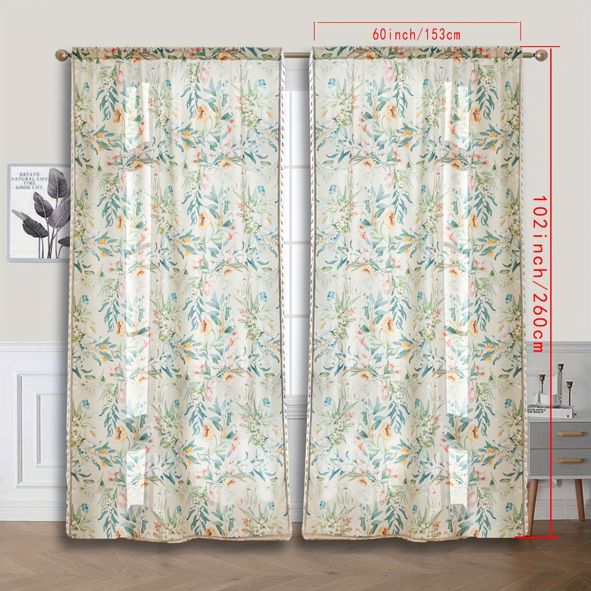 Rideaux bohème fleuris multicolores avec pompons, largeur 100 à 139 cm