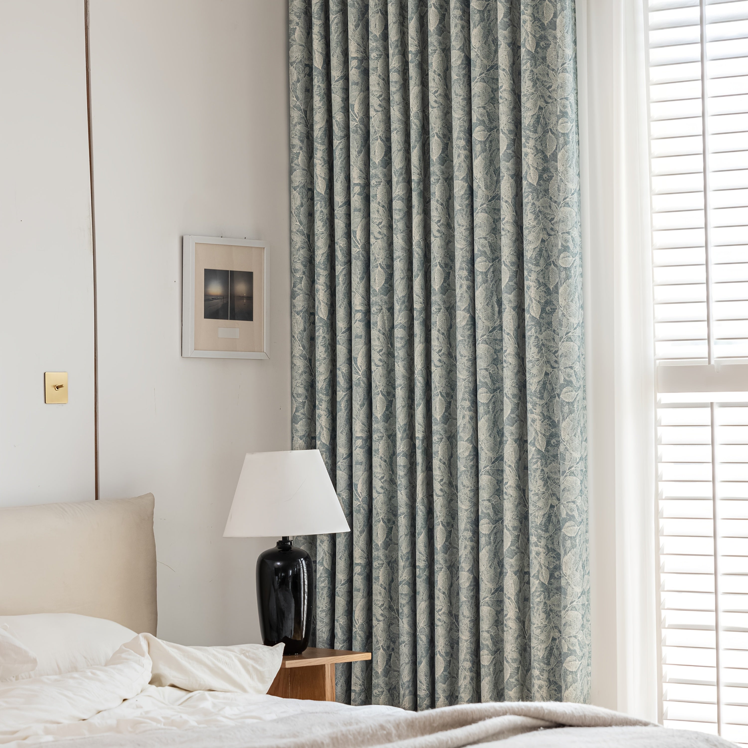 Rideau occultant jacquard chenille motif feuille bleu pour salon et chambre