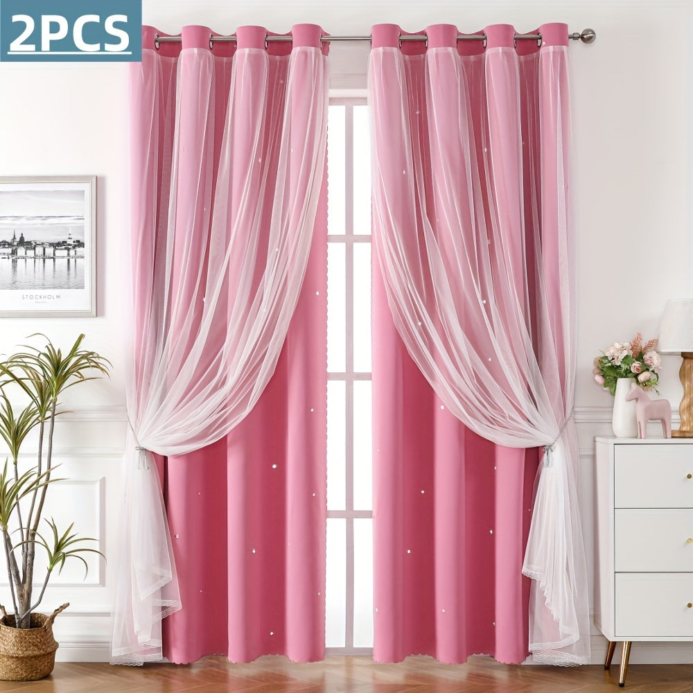 Rideaux occultants double couche avec voile étoilé en polyester pour chambre et salon