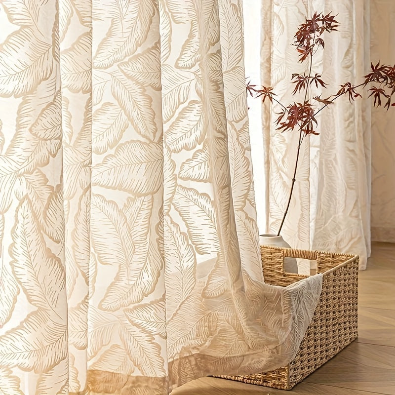 Rideau voilage velours beige brodé feuilles style rétro américain