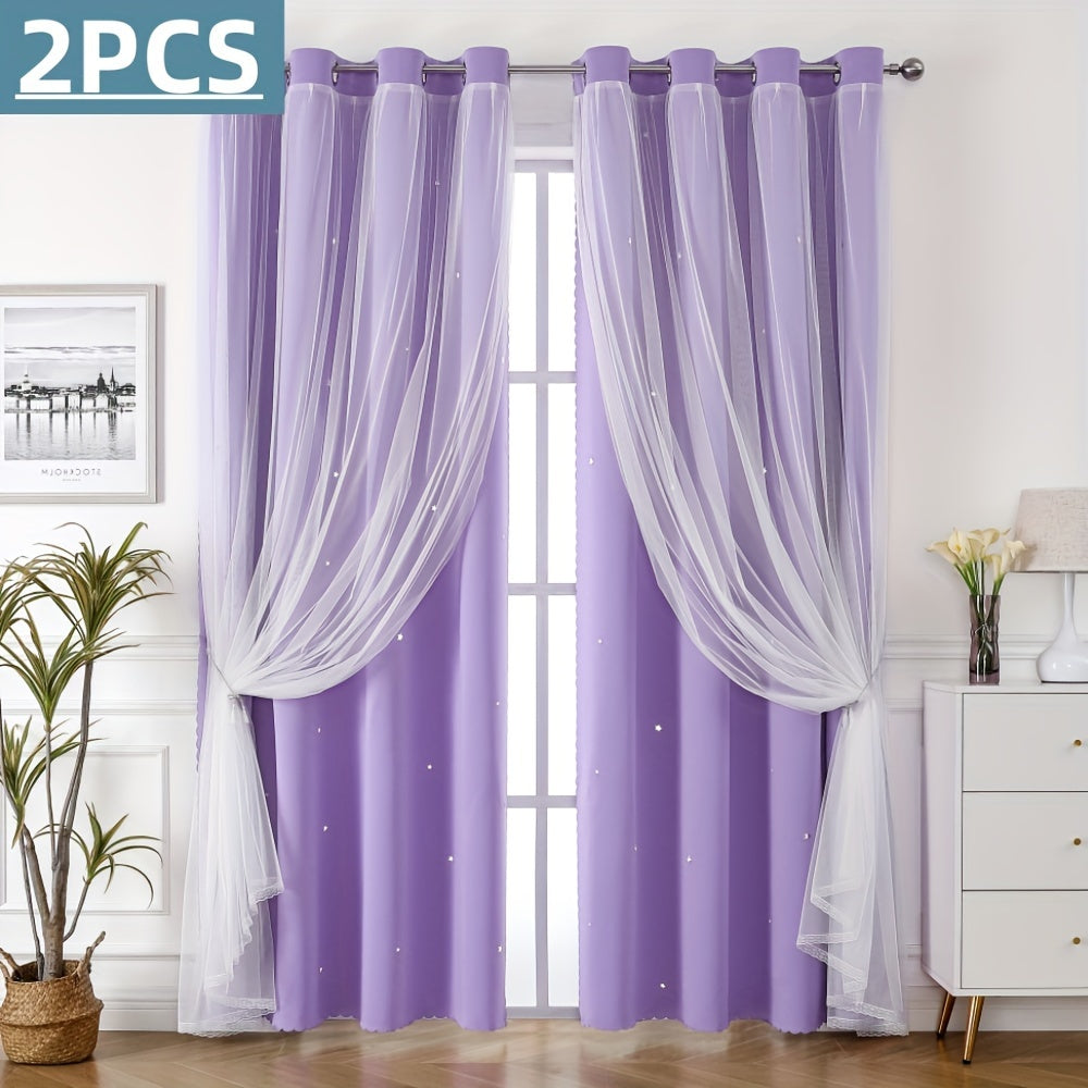 Rideaux occultants double couche avec voile étoilé en polyester pour chambre et salon