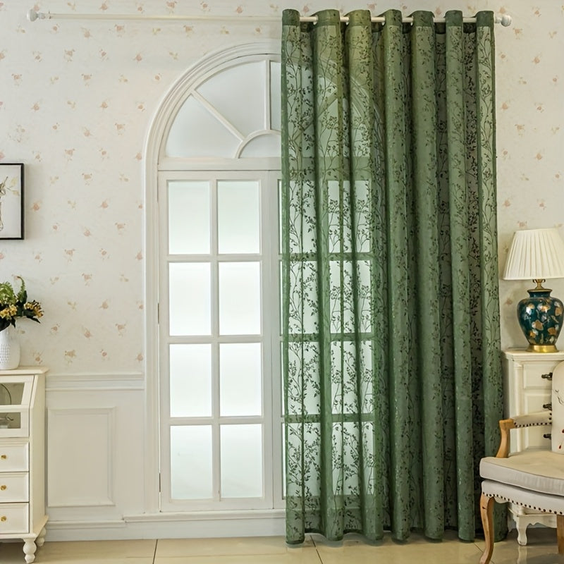 Rideau voilage vert jacquard à motifs branches style vintage, largeur 100 à 139 cm