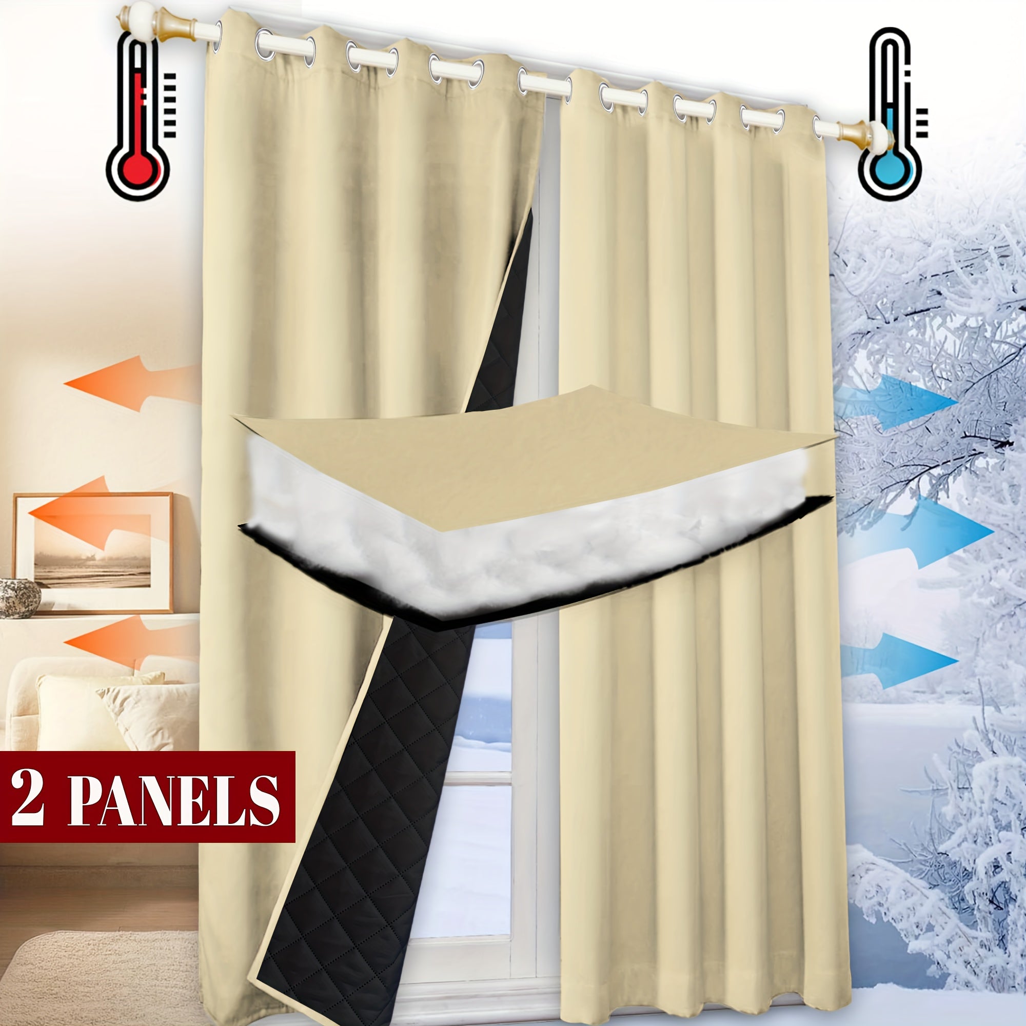 Rideau thermique matelassé isolant hiver occultant moderne (2 panneaux)