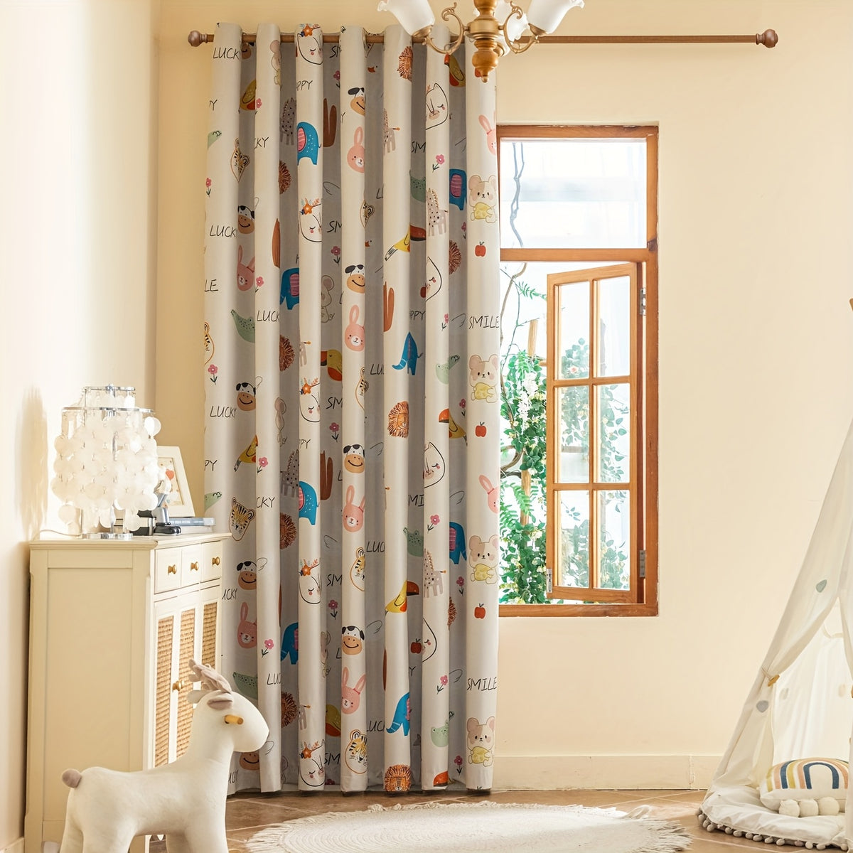 Rideau occultant enfant imprimé animaux en polyester (1 panneau), largeur 200 à 299 cm