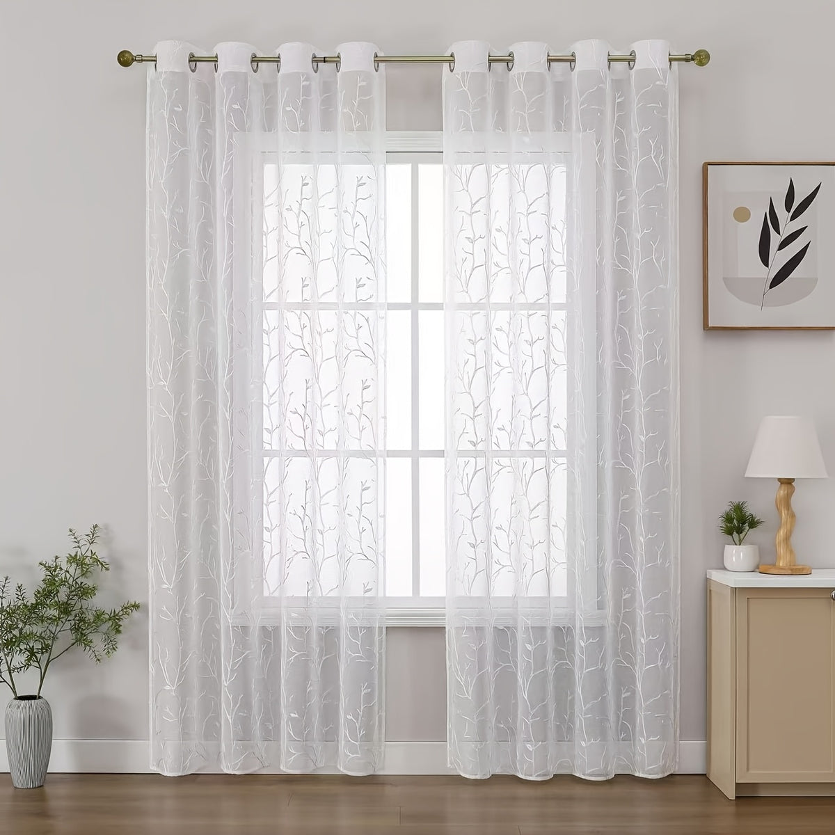 Rideaux voilage brodés bohème à branches semi-transparents (2 panneaux, blanc