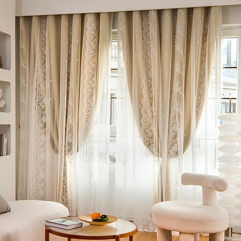 Rideau double épaisseur occultant en polyester beige avec voilage dentelle