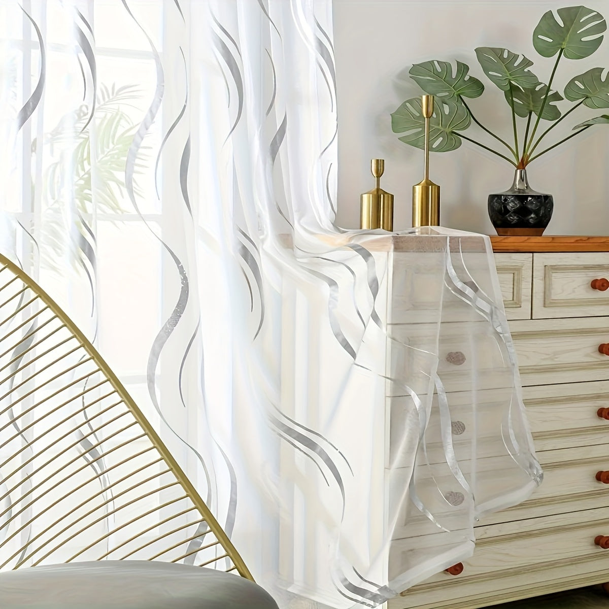 Rideau voile à motif vague doré semi-opaque pour salon et chambre (2 panneaux)