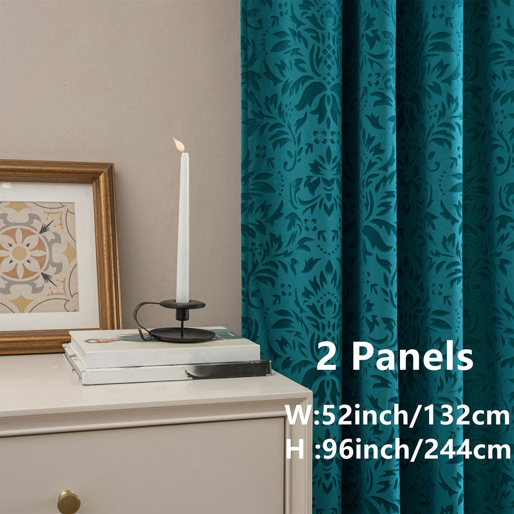 Rideaux velours à motifs floraux européens vert émeraude (2 panneaux), bleu